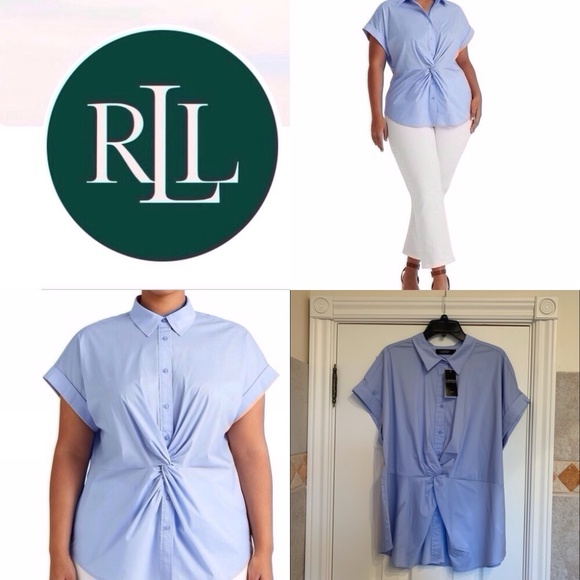 NWT  PLUS 2X  Ralph Lauren Cotton blend Short Sleeve Shirt Pebble Blue - Picture 1 of 7